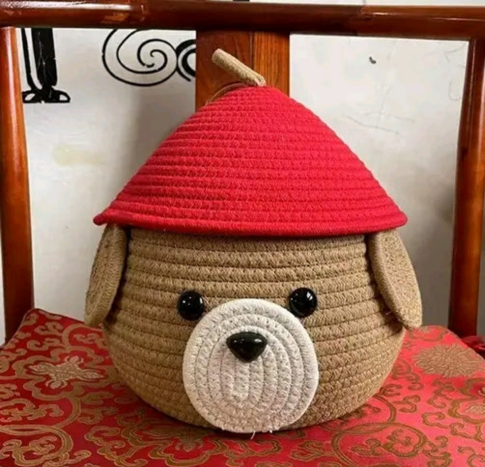 Tamanna Multi-Purpose Cute Jute Storage Basket with Lid – Dog Face Design, Red & Beige