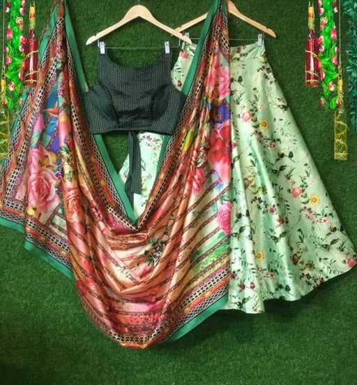Digital Print Shiny And Soft Zari Satin Semi Stiched Lahenga With Dupatta