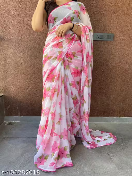 Flower Designer Chiffon Printed Saree with Blouse