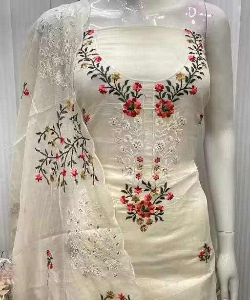White Chanderi Silk Embroidered With Heavy Neck And Lace Unstitched Dress material